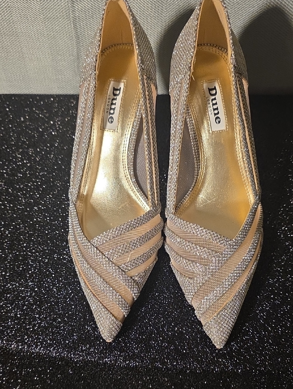 Dune London Champagne Sparkle Pointed Toe Heels